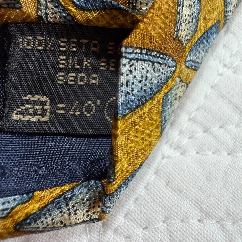 Ermenegildo Zegna 100% Silk Tie Geometric Pattern Mustard Blue Made in Italy Men